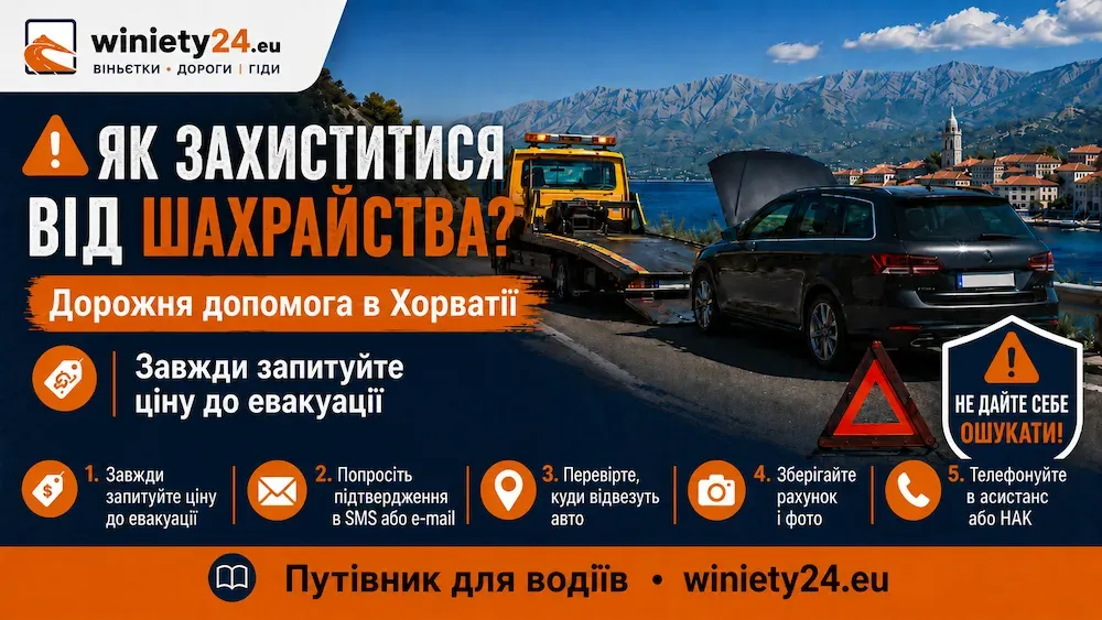 Евакуатор із завантаженим легковим автомобілем на хорватській дорозі – ілюстрація до статті про вартість дорожньої допомоги в Хорватії