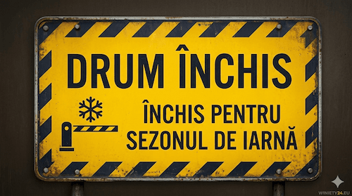 Yellow road closed warning sign with text 'Drum Închis' and 'Închis pentru sezonul de iarnă'.