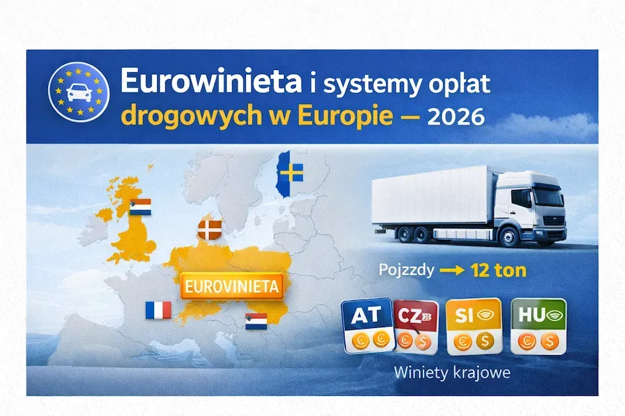 European road toll systems (Eurowinieta) for vehicles over 12 tons are shown with a map and country vignettes.