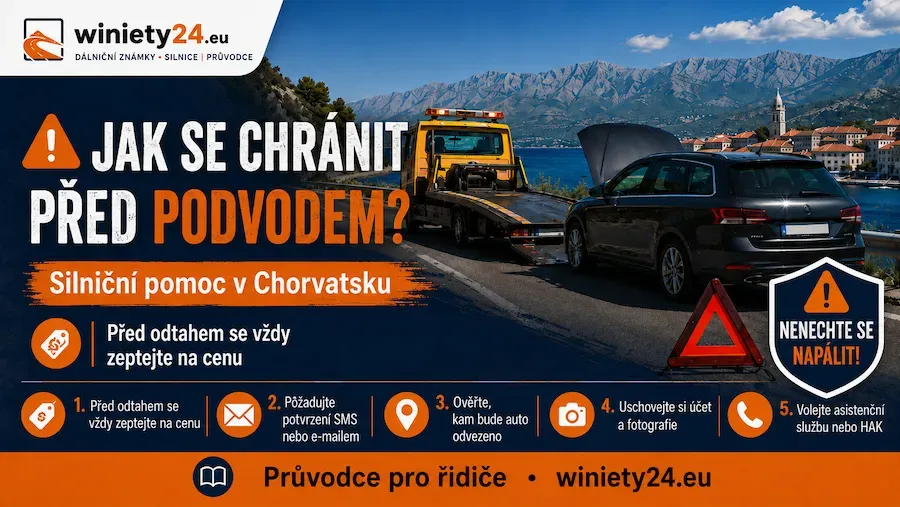 Odtahový vůz s naloženým osobním automobilem na chorvatské silnici – ilustrace k článku o cenách silniční asistence v Chorvatsku