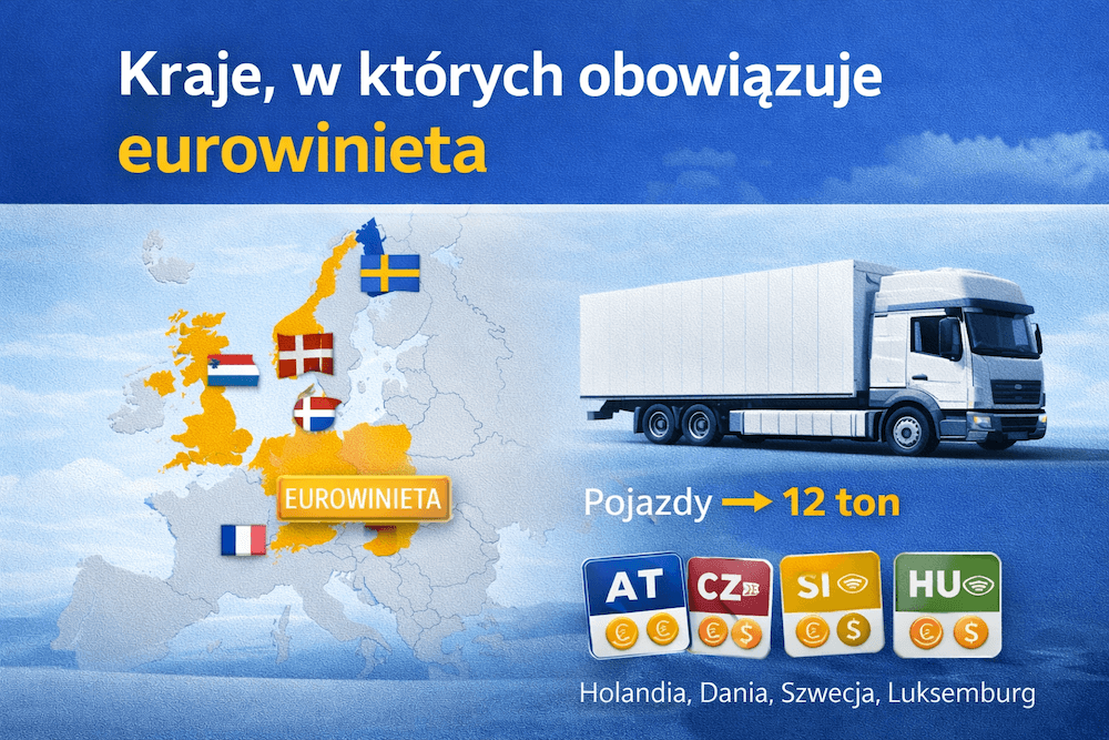 Map of Europe showing eight countries that require eurowignettes for heavy vehicles over 12 tons.