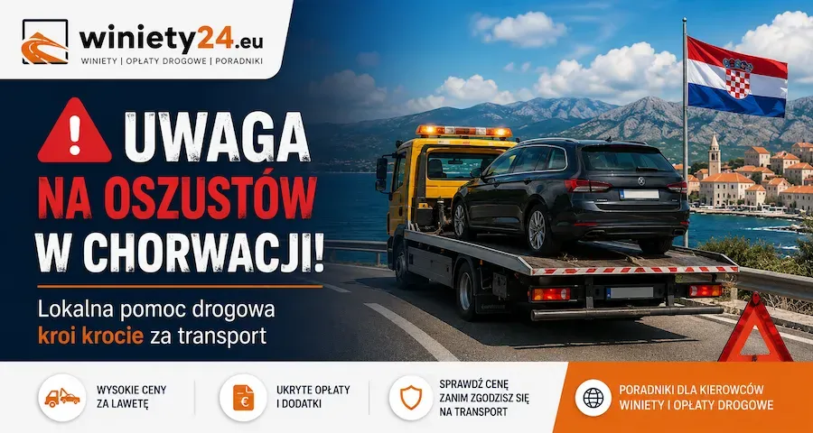 Laweta z załadowanym samochodem osobowym na chorwackiej drodze – ilustracja do artykułu o kosztach pomocy drogowej w Chorwacji