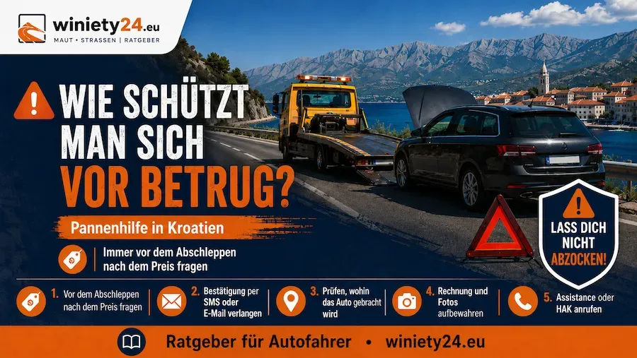 Abschleppwagen mit aufgeladenem Pkw auf einer kroatischen Straße – Illustration zum Thema Kosten der Pannenhilfe in Kroatien